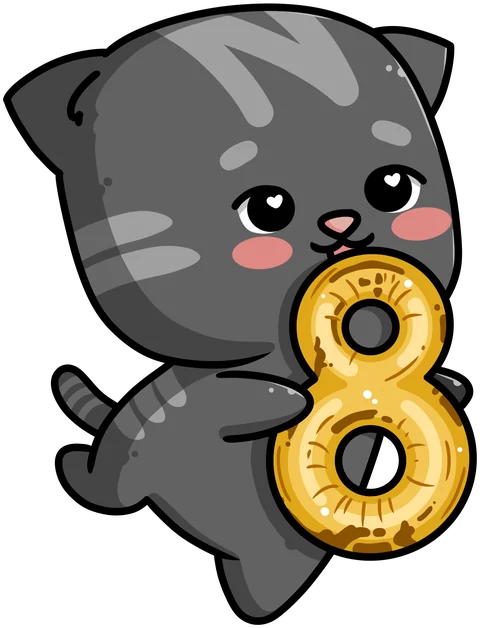 Numi, die graue Katze, hält eine goldene Acht im Arm